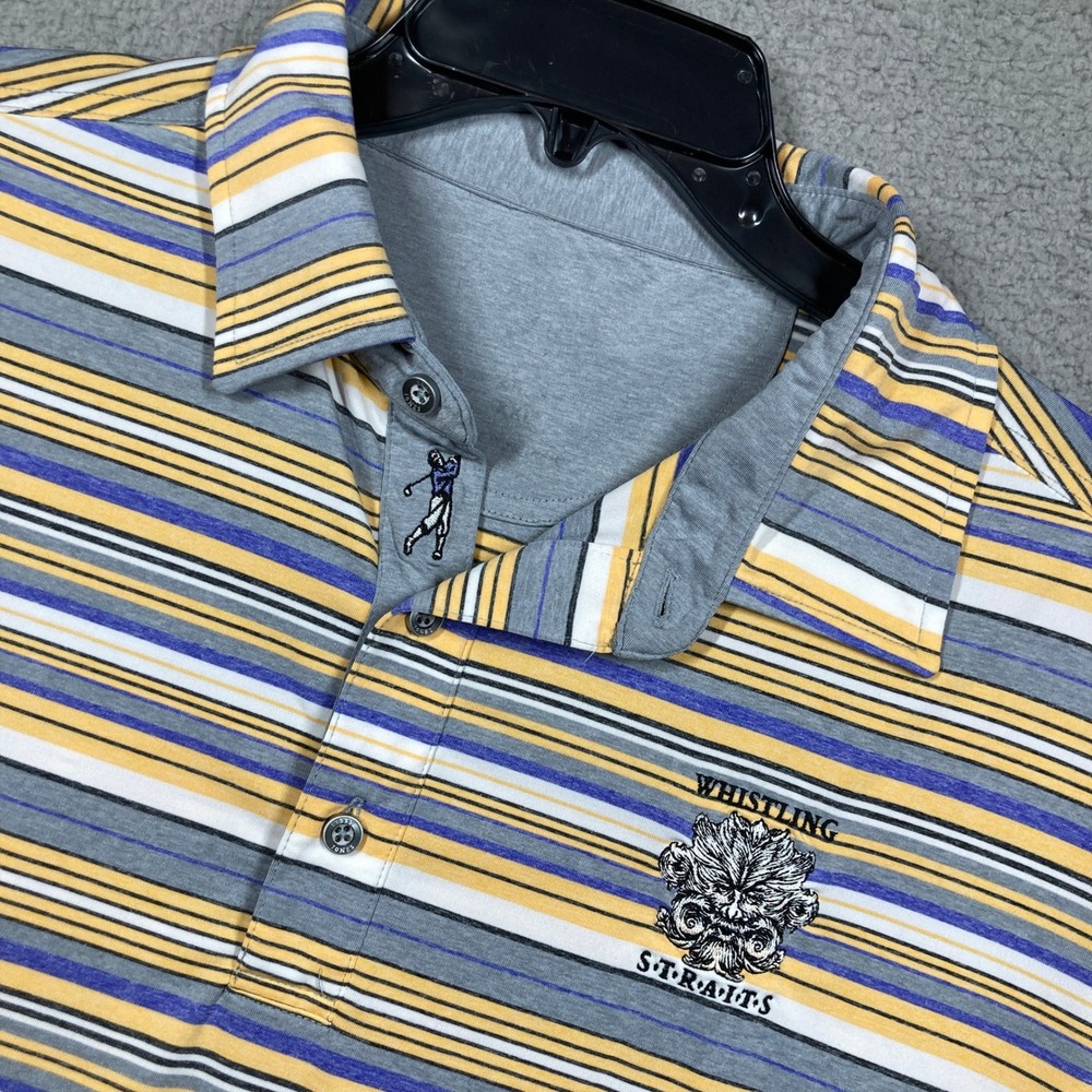 Whistling Straits Bobby Jones Polo Shirt Mens Large Grey Yellow Stripe Golf